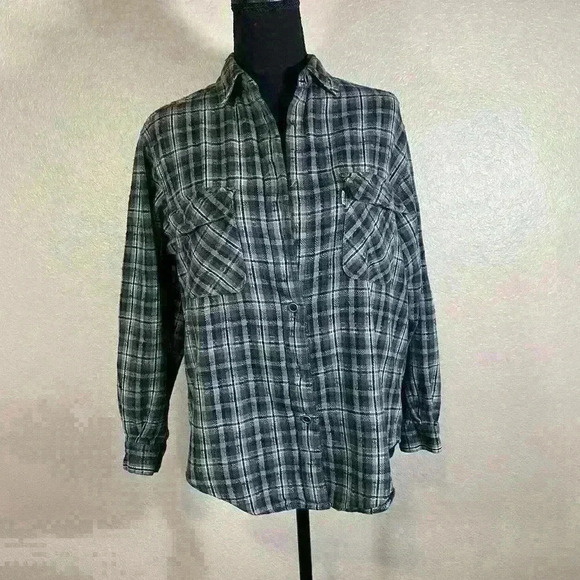 Levi’s vintage green blue plaid flannel 100% cotton women size small - Picture 7 of 14